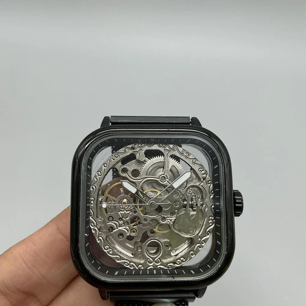 Mens Watch 41mm Square Skeleton Dial Black Mesh Automatic Stainless Steel